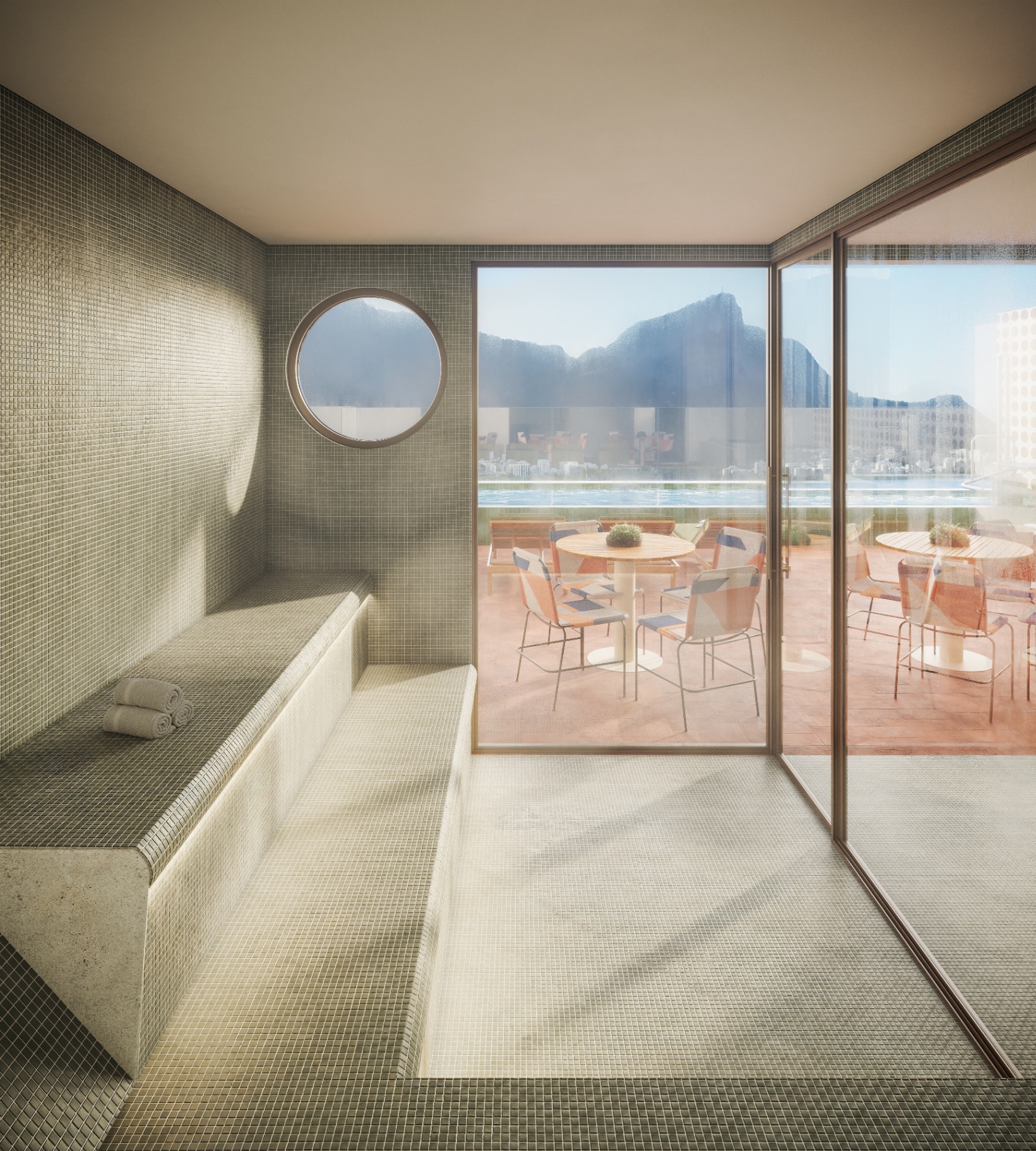 Sauna com vista para o Cristo Redentor no Parque Studios Ipanema