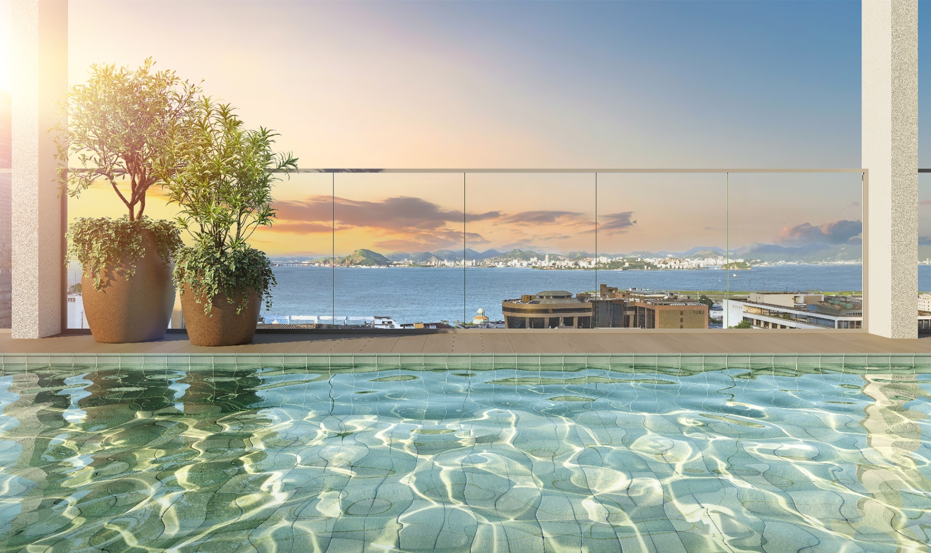 Piscina rooftop com vista para a Baía de Guanabara — Connect Centro